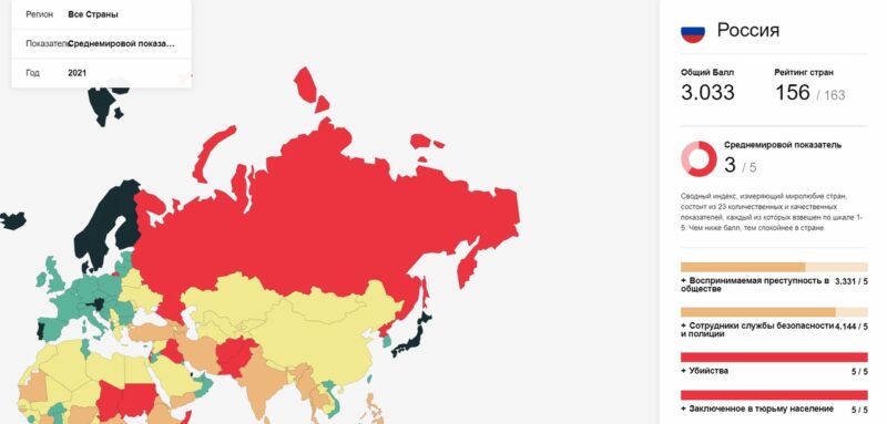 Россия в рейтинге Глобального индекса мира// фото: visionofhumanity.org